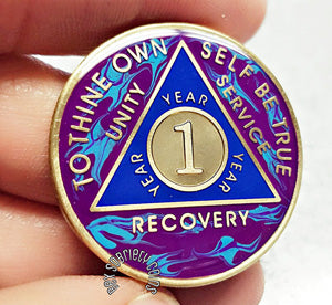 Golden Marble Tri Plate Sobriety Coins for Alcoholics Anonymous sobriety birthdays at Sobriety Inspired by BEX Coin Mint