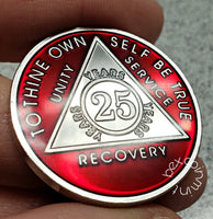 AA Coins for Sobriety, Ruby Red Jewel Color in Rhodium Finish - B E X Coin Mint & SOBRIETY INSPIRED by BEX