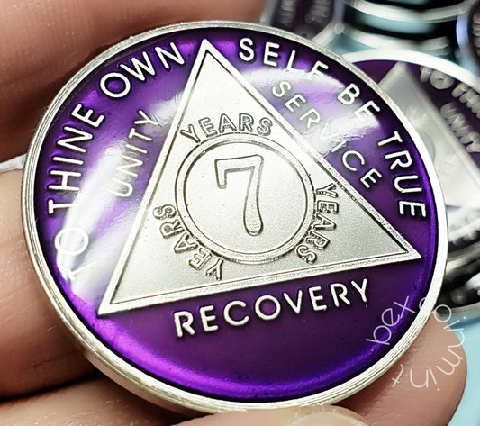 AA Coins for Sobriety, Amethyst Purple Jewel Color in Rhodium Finish - B E X Coin Mint & SOBRIETY INSPIRED by BEX