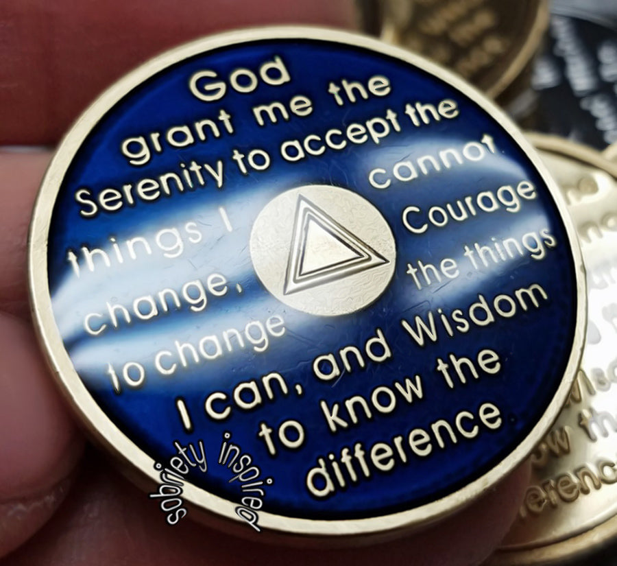 AA Coins for Sobriety, Sapphire Blue Jewel Color - B E X Coin Mint & SOBRIETY INSPIRED by BEX